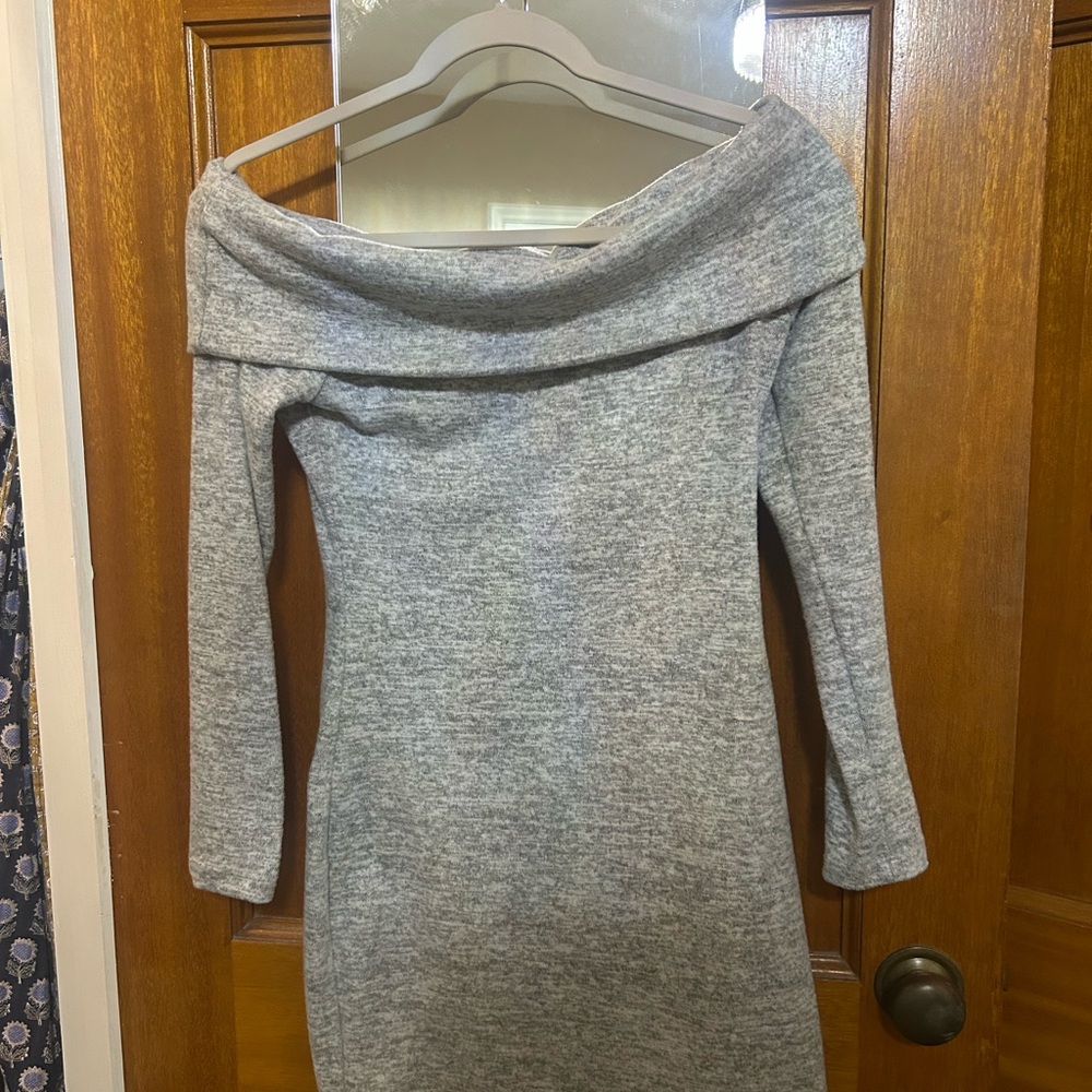 Off-Shoulder Light Gray Long Sleeve Sweater Mini Dress